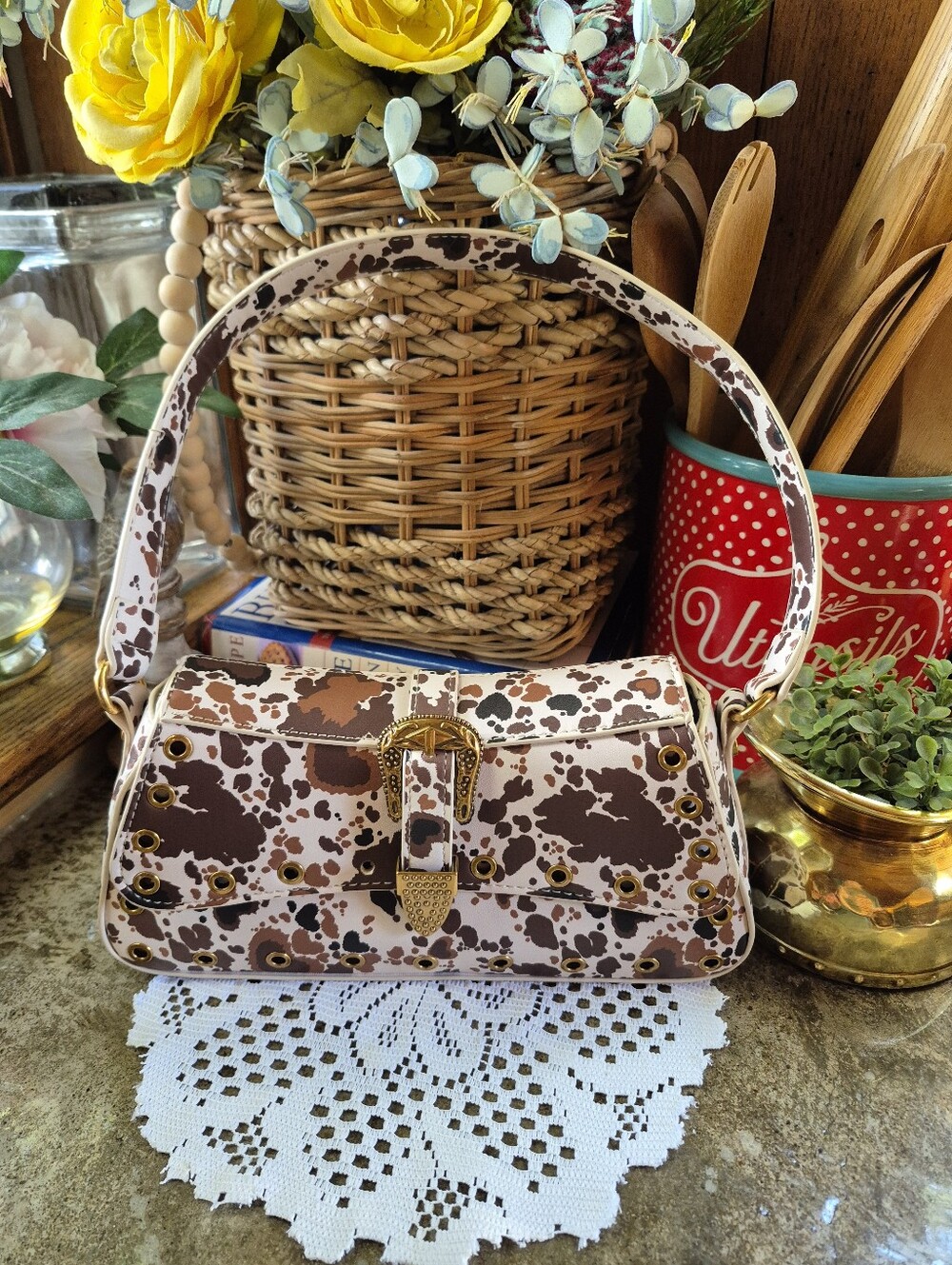 Betsey Johnson Western Cow Print Shoulder Bag Brown-and-white Cowhide